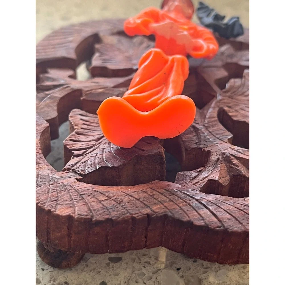 Vintage Halloween Witch Figurine Orange Plastic Bat Shoulder Spooky Decor Toy